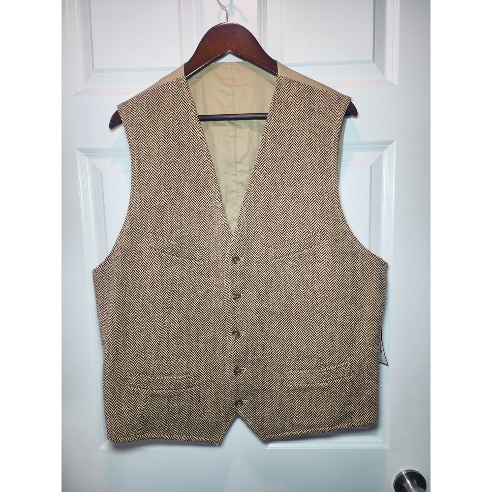 American Living Mens XXL Wool Herringbone Vest Cream Tan Tweed Cinch Back NWT